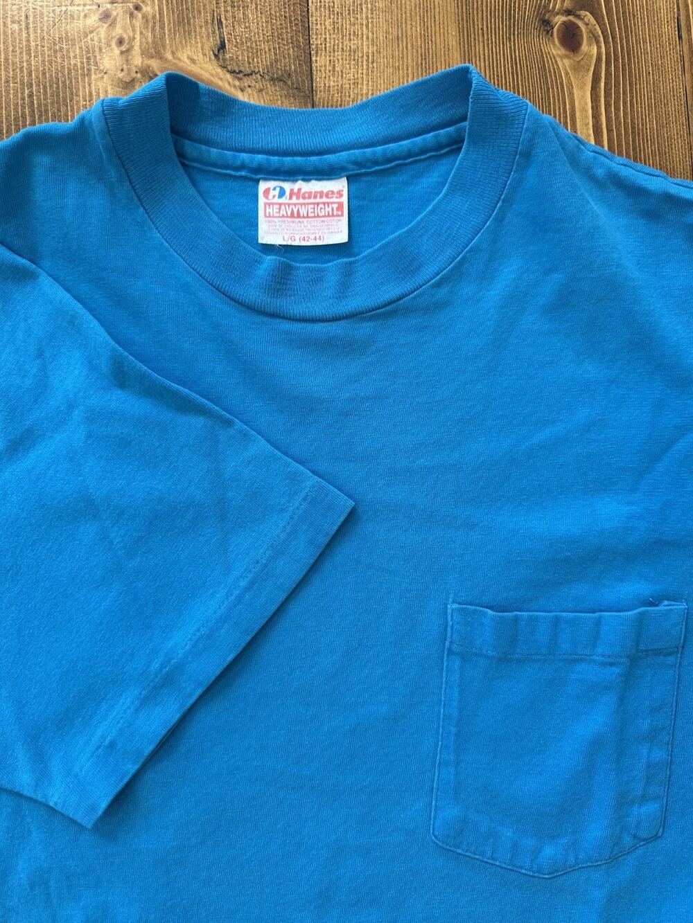 Vintage 90s Hanes Pocket T-Shirt Blue Single Stitch Large Blank Made USA Vte Tee